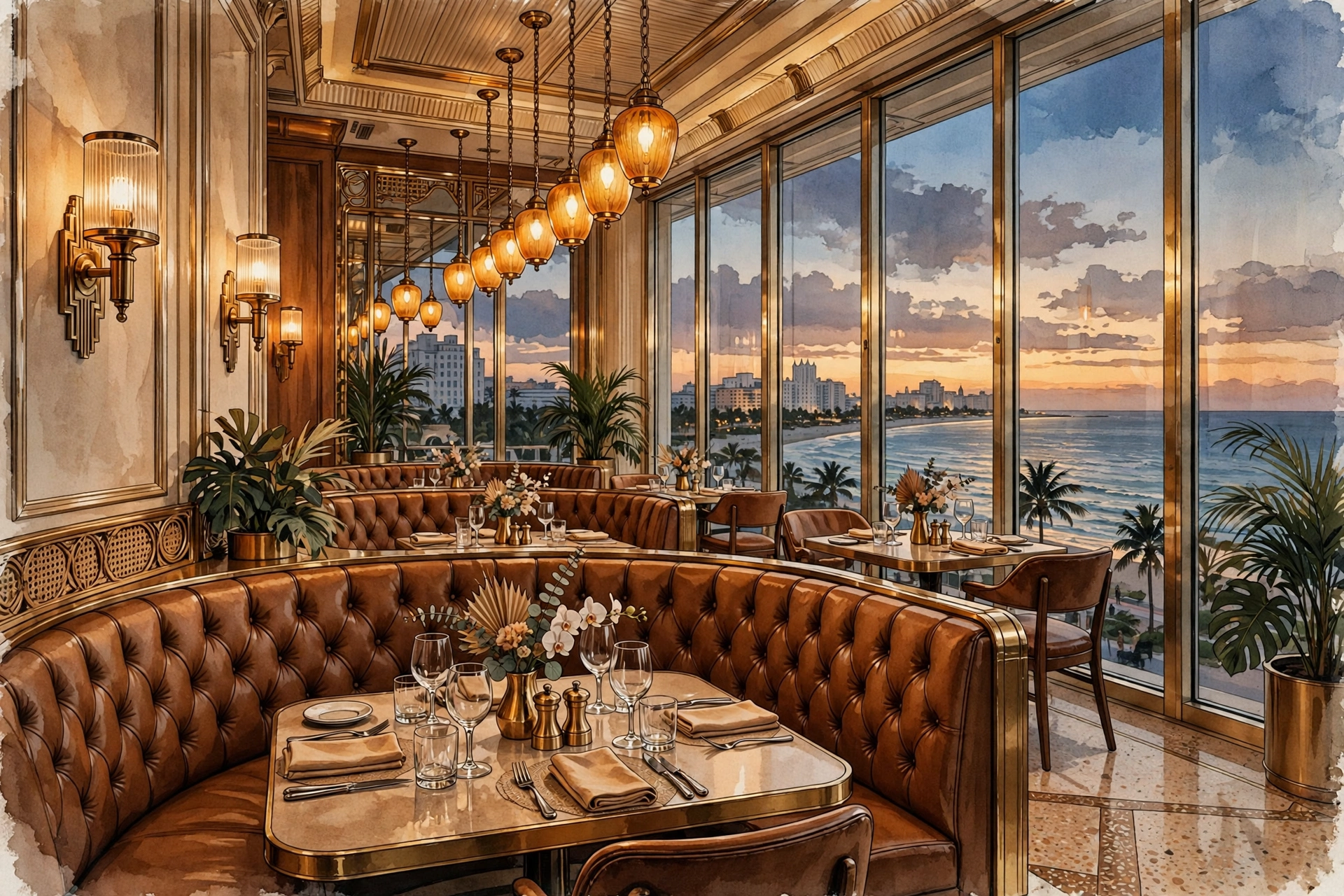 Illustration of a glamorous Miami Beach steakhouse with leather booths and ocean views (illustrative, not the actual restaurant)