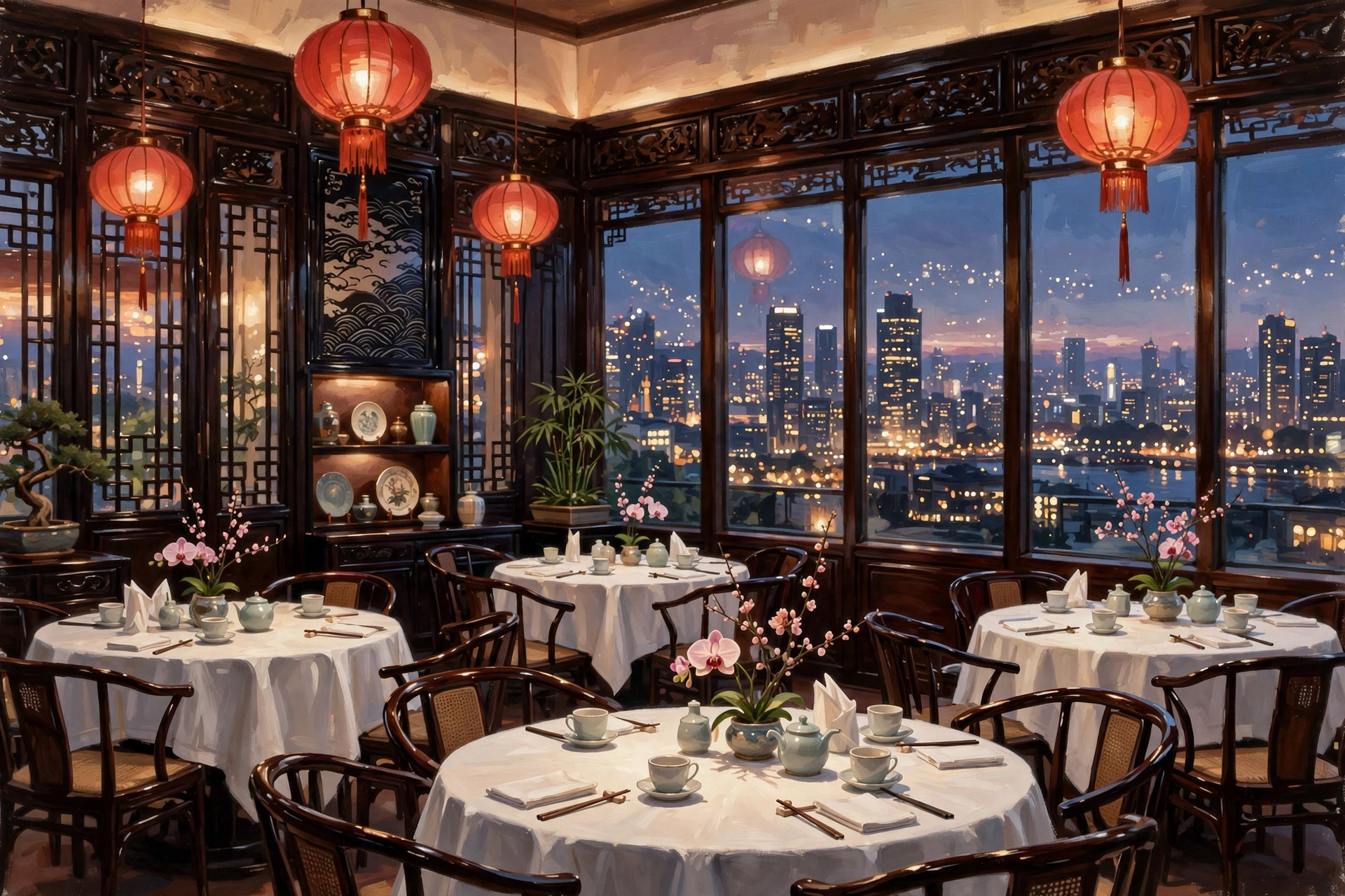 Illustration of an elegant Cantonese dining room with red lanterns and skyline views