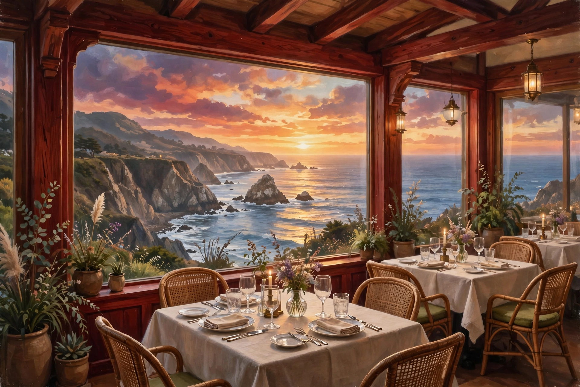 Illustration of Sierra Mar's cliffside dining room overlooking the Pacific at Big Sur