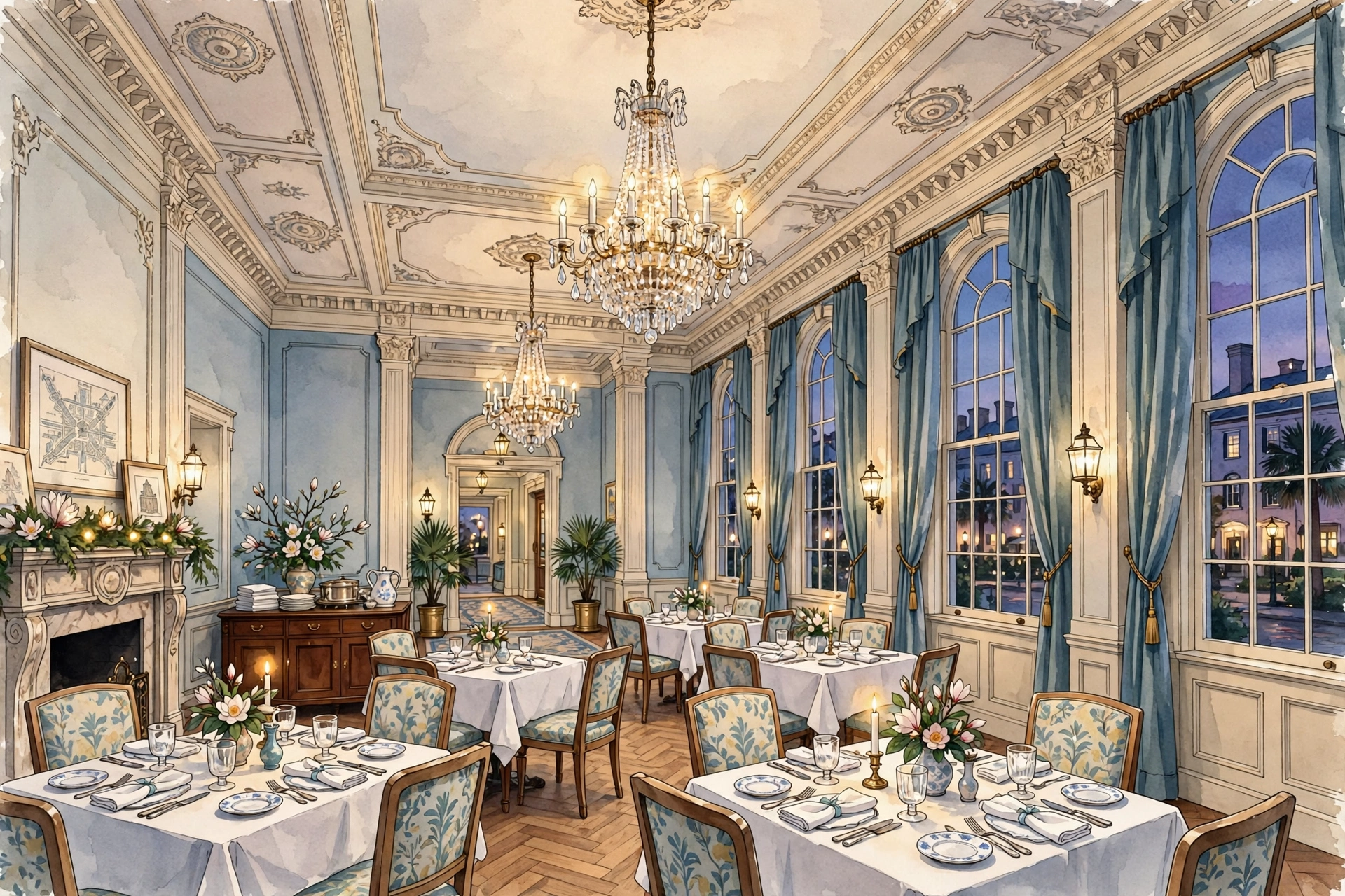 Illustration of a grand historic Charleston hotel dining room with high ceilings, chandeliers and tall windows at evening (illustrative, not the actual restaurants)