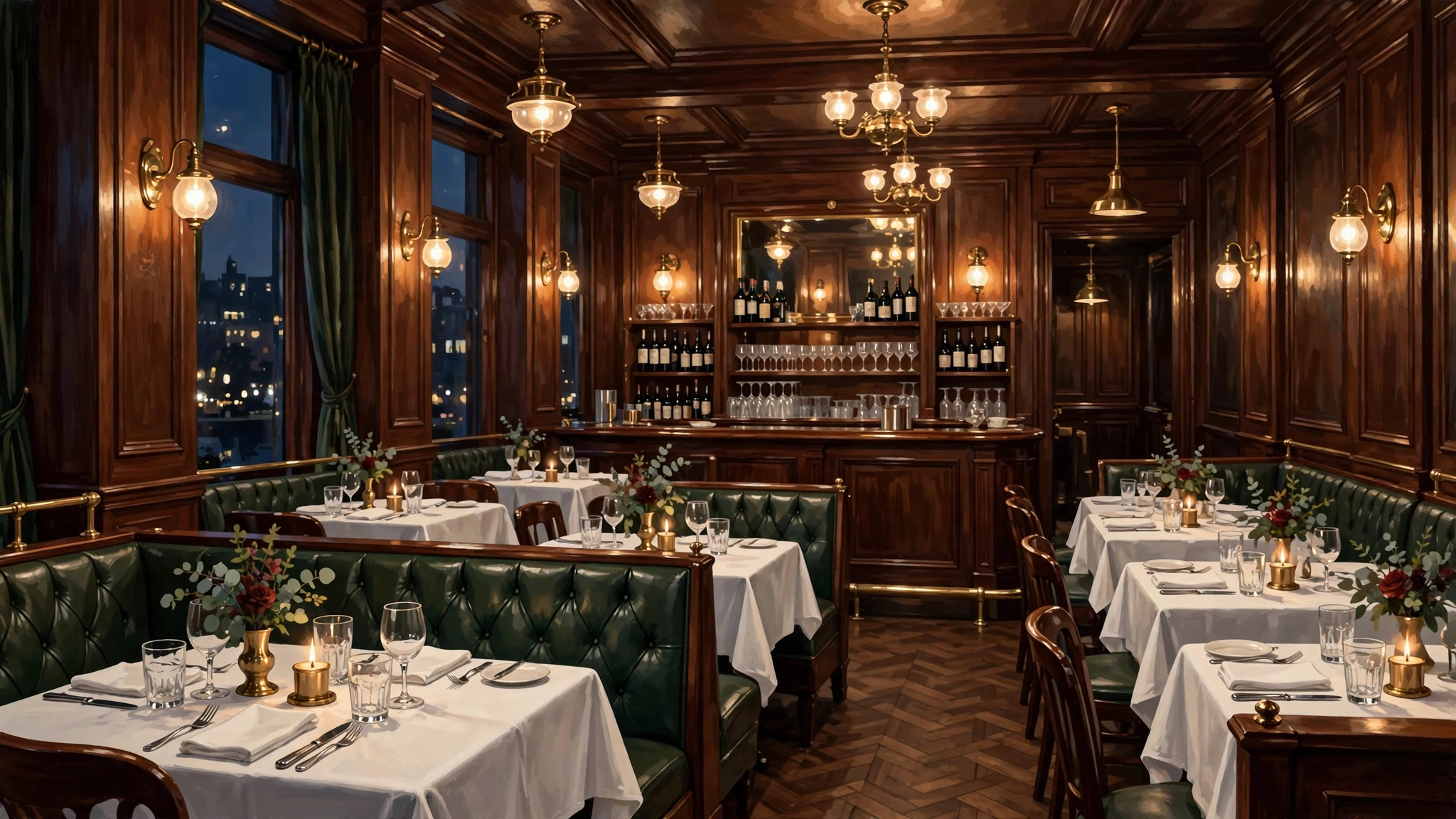 Illustration of a classic American steakhouse supper-club dining room with dark wood paneling and white tablecloths at evening (illustrative, not the actual restaurant)