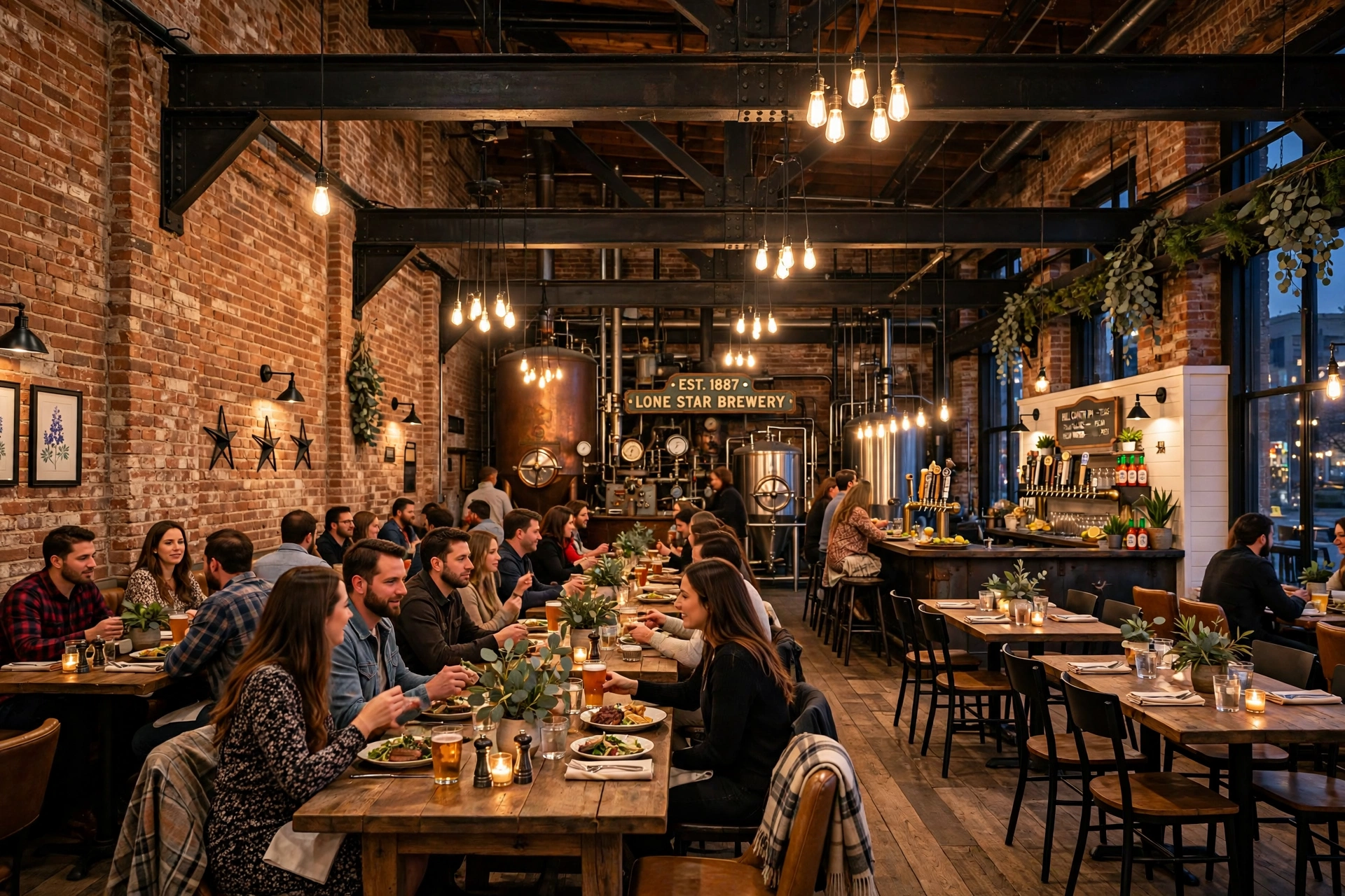 Illustration of a rustic-chic restaurant inside a historic brewery building with exposed brick at evening (illustrative, not the actual restaurant)
