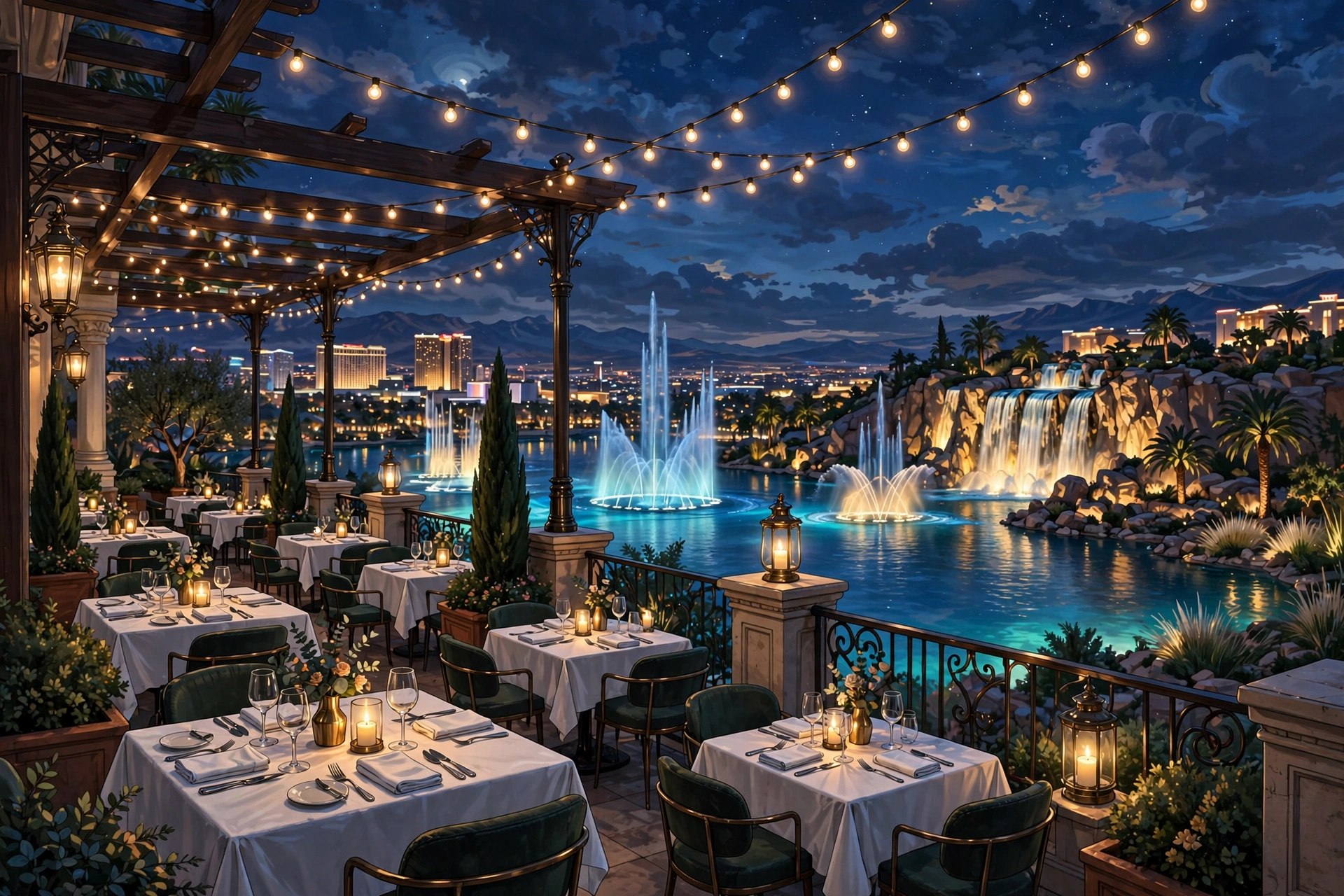 Illustration of a steakhouse terrace overlooking a glowing lake with fountains at night