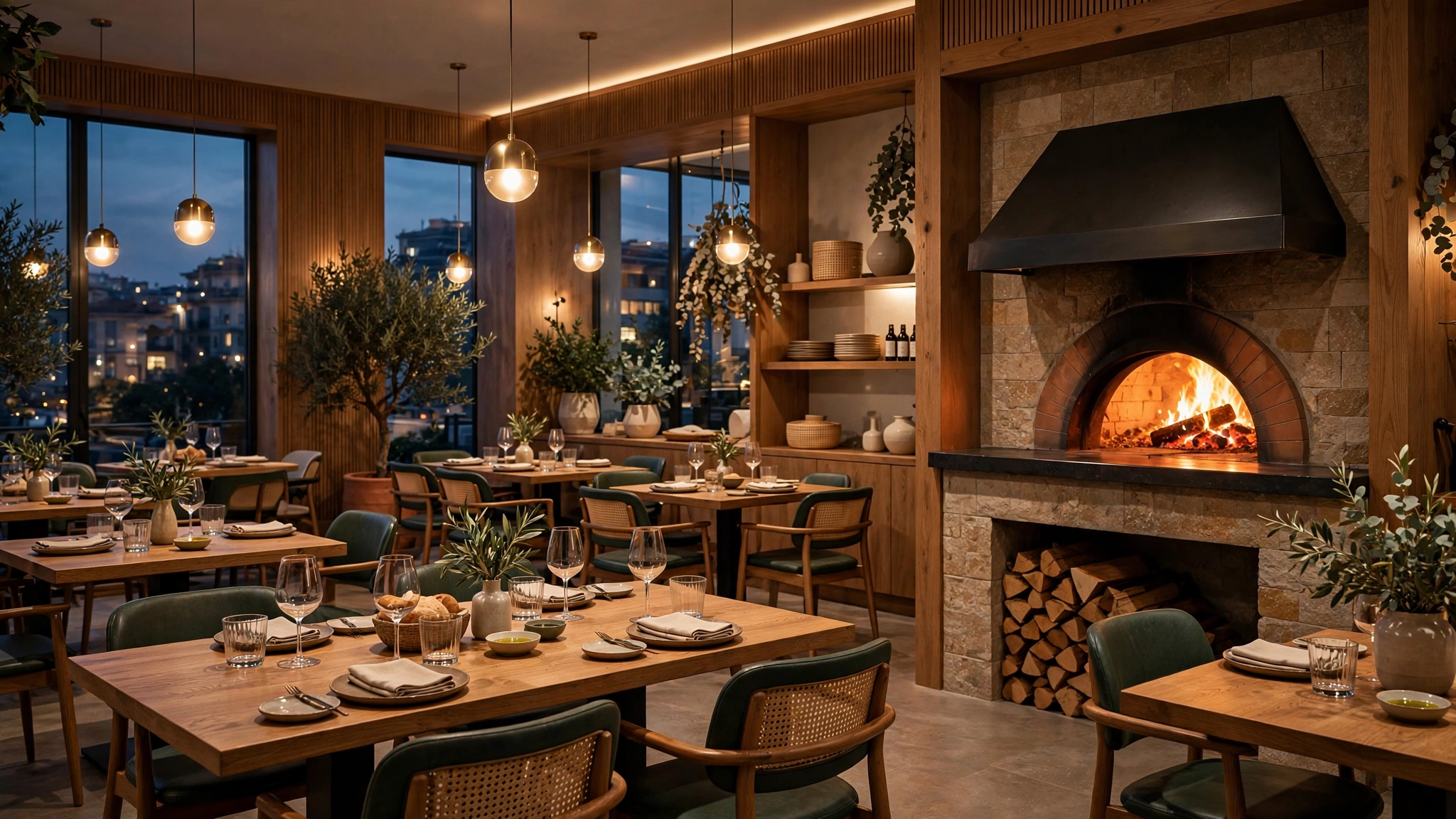 Illustration of a contemporary Italian restaurant dining room with a wood-fired oven and warm modern design at evening (illustrative, not the actual restaurant)