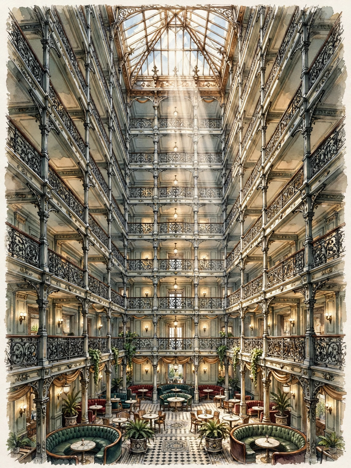 Illustration of a grand Victorian hotel atrium dining room