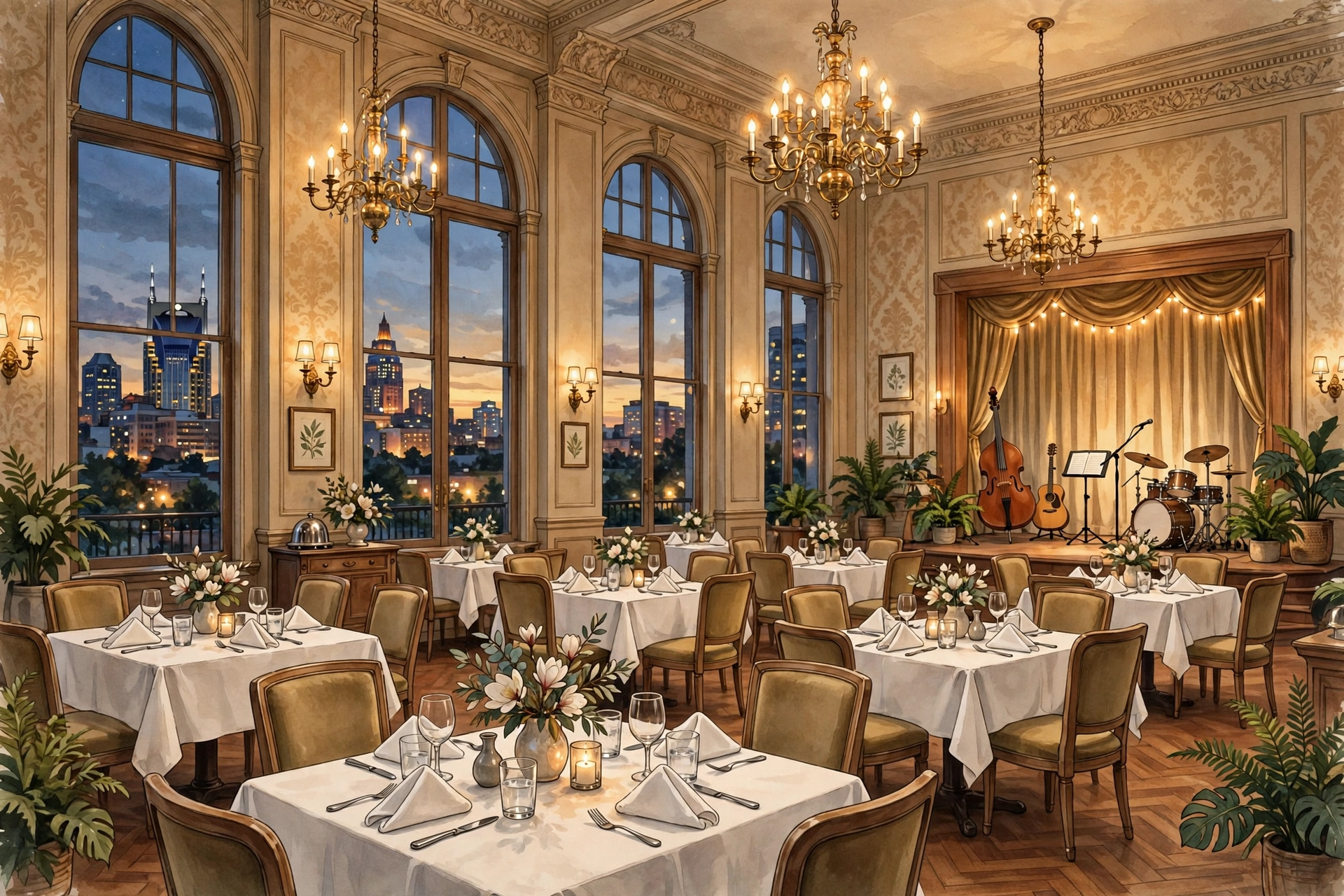 Illustration of a grand Nashville hotel dining room at evening (illustrative, not the actual restaurants)