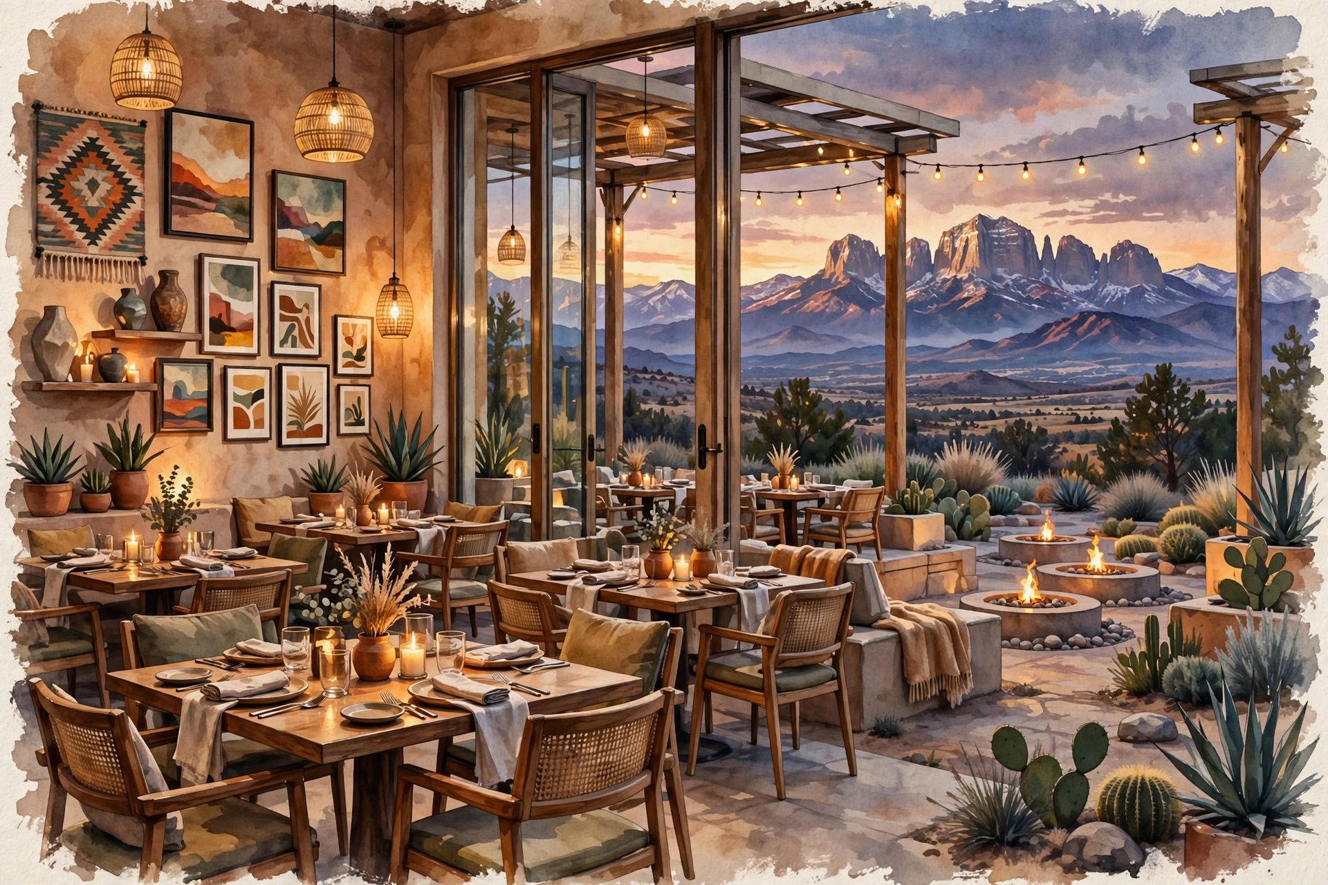 Illustration of a desert-modern resort restaurant with panoramic mountain views, a heated patio with fire pits and warm dusk light (illustrative, not the actual restaurant)