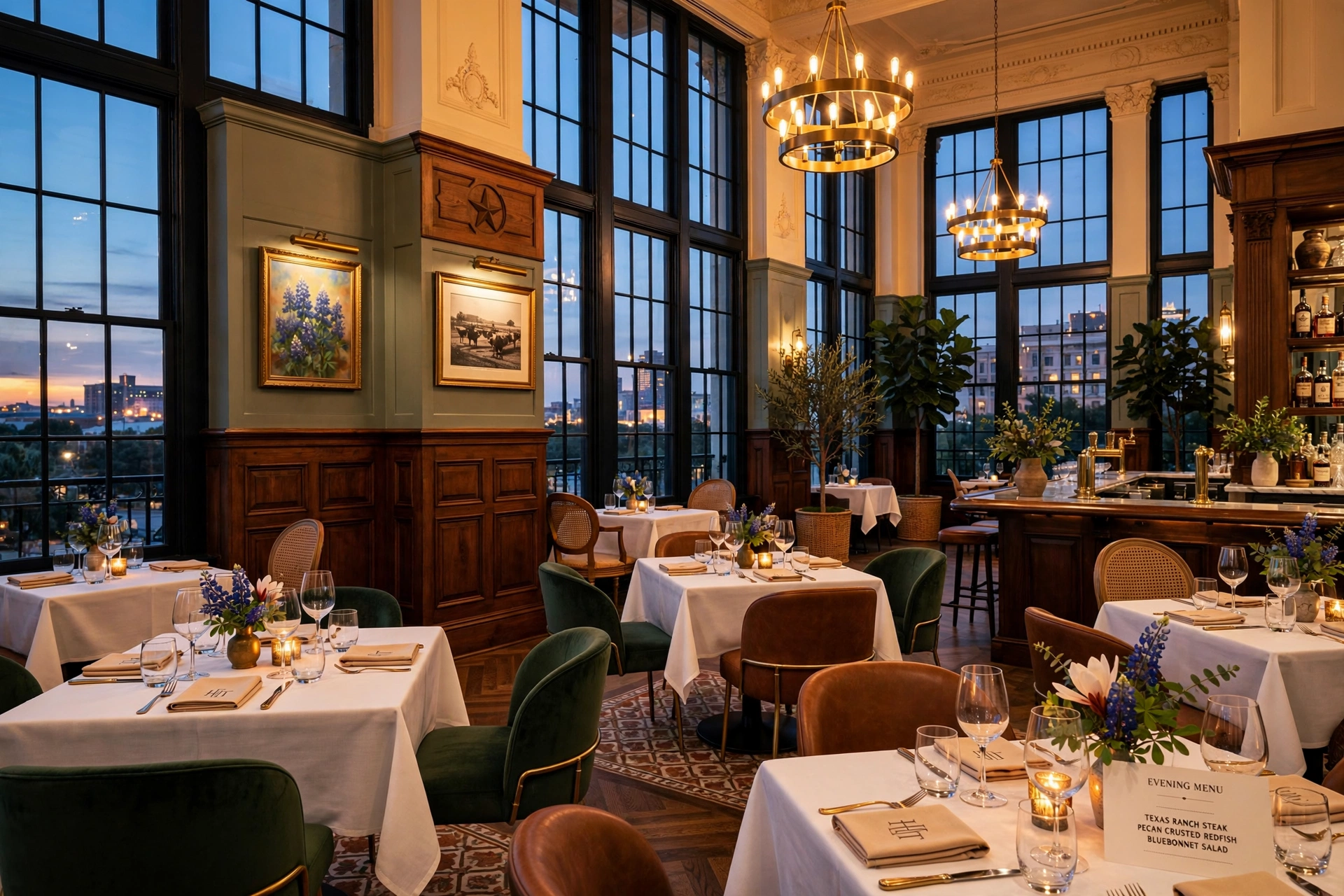 Illustration of a grand Texas hotel dining room at evening (illustrative, not the actual restaurants)