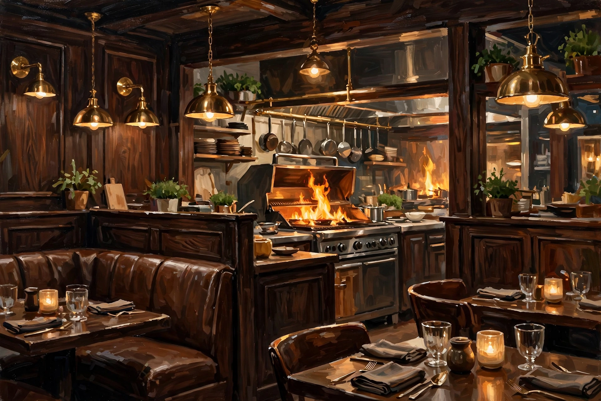 Illustration of a moody modern grill room with dark wood and brass lighting