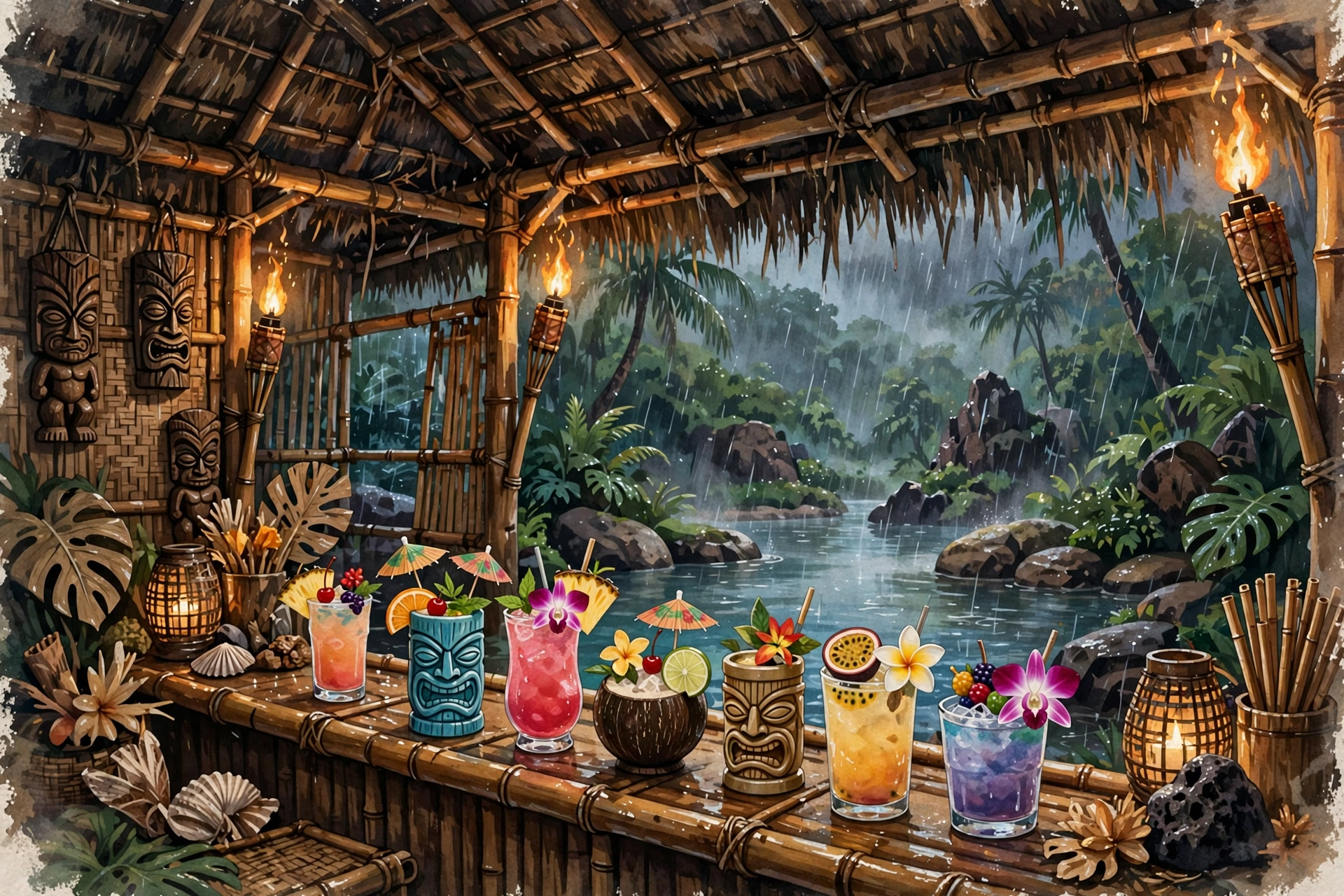 Illustration of the Tonga Room's tiki bar with its lagoon pool in San Francisco