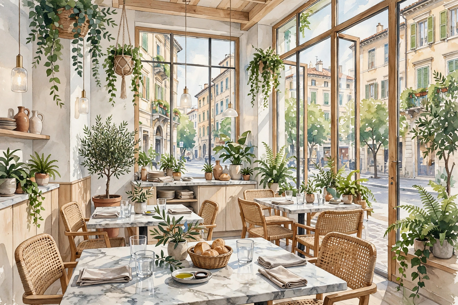 Illustration of a bright modern Italian dining room with marble tables