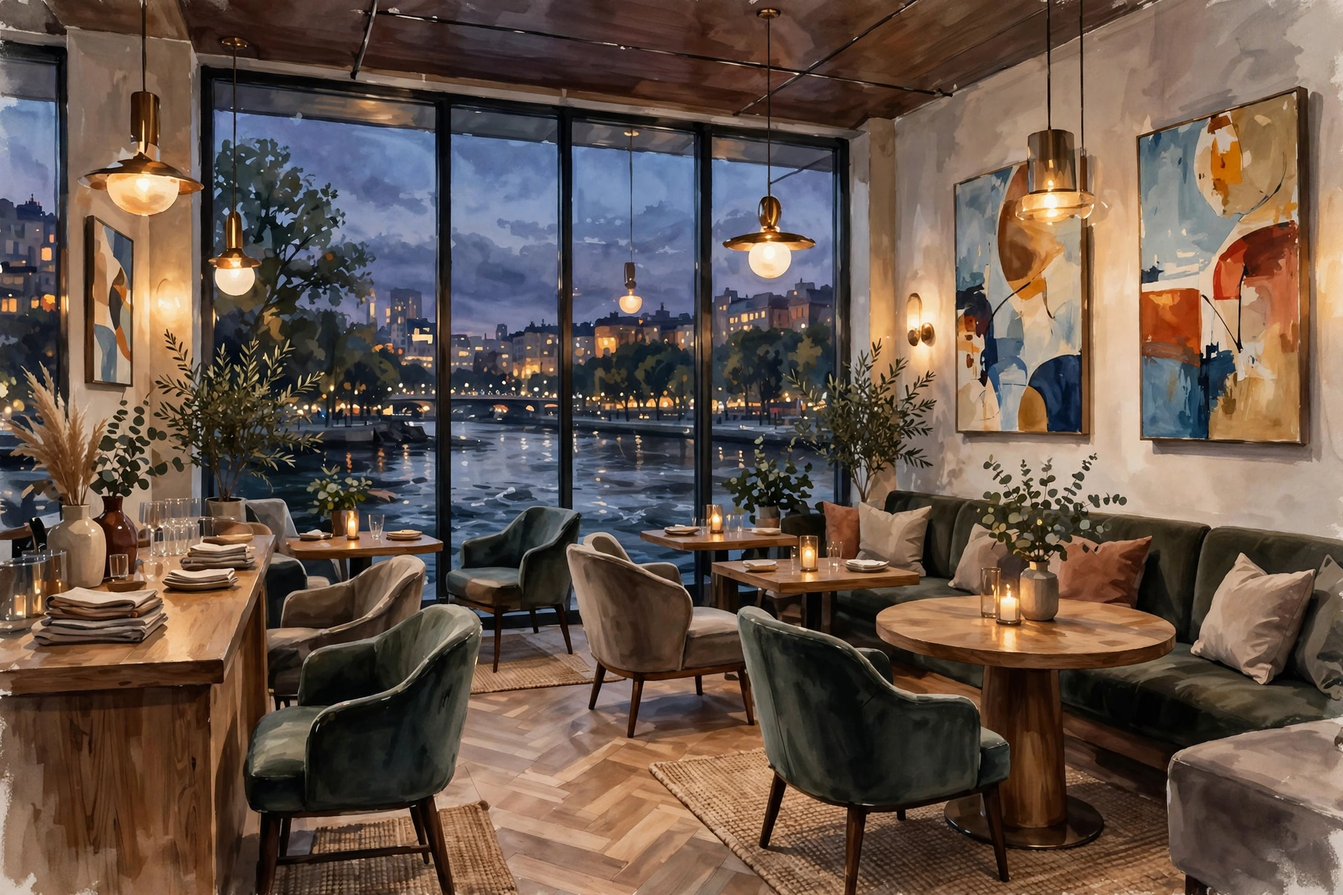 Illustration of a chic bistro dining room with river views at evening