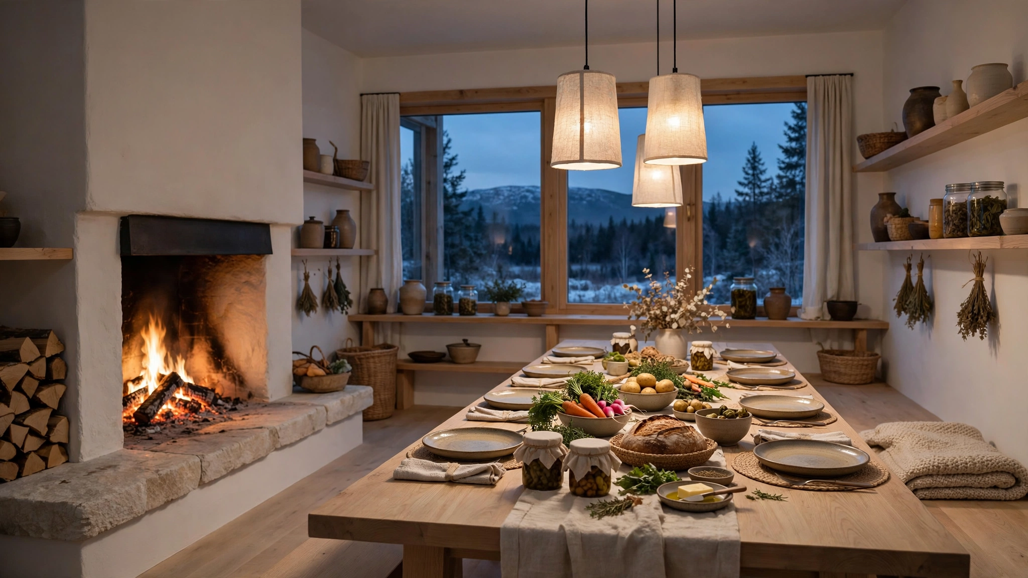 Illustration of a Nordic farm-to-table dining room with light oak and an open wood-fired hearth at evening (illustrative, not the actual restaurant)