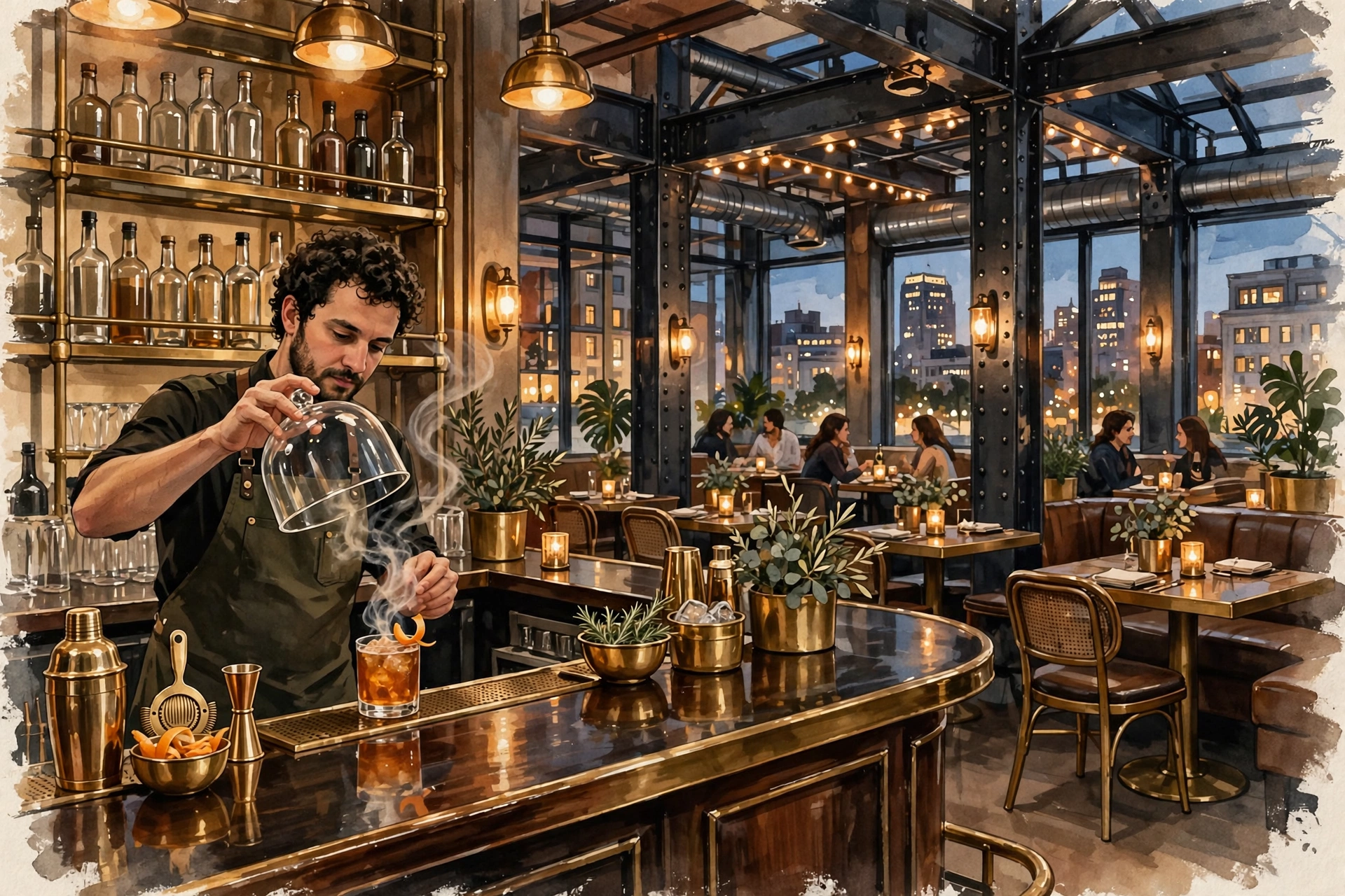 Illustration of TURN Bar + Kitchen's bar with a smoked cocktail in Cleveland