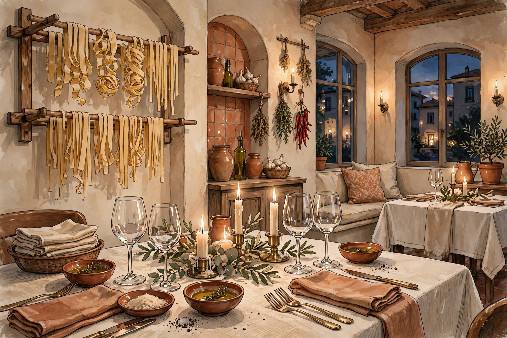 Illustration of a refined Italian fine-dining room with soft candlelight at evening (illustrative, not the actual restaurant)